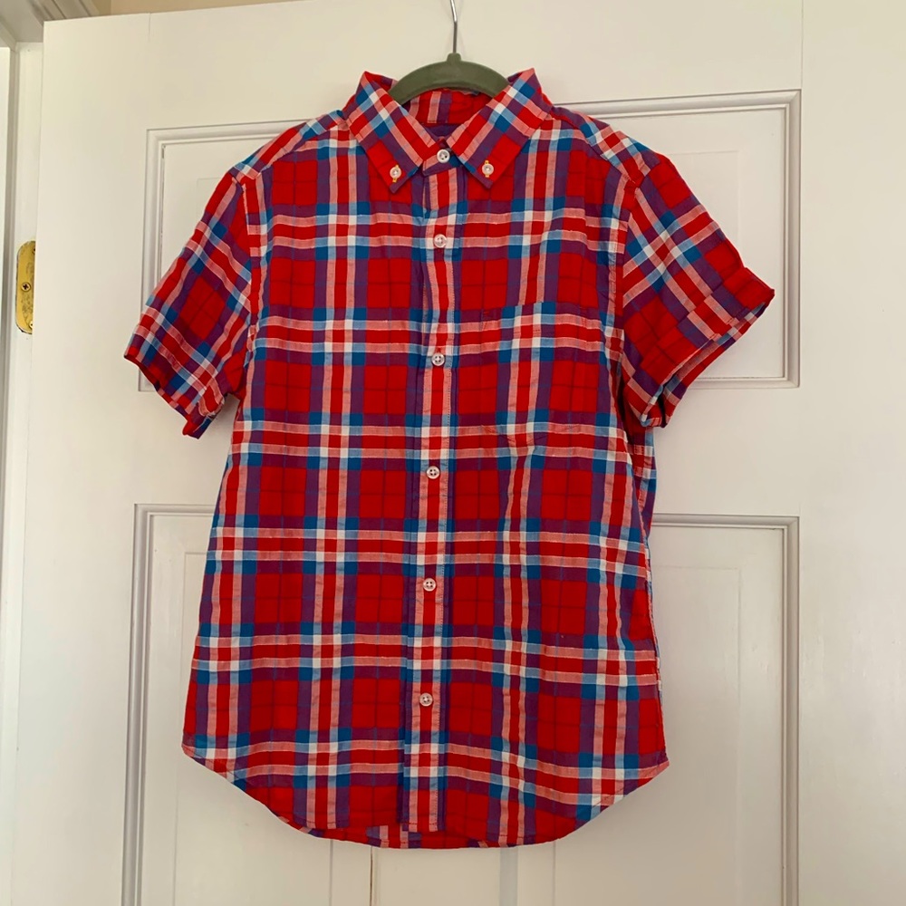 Boys short sleeve button down plaid shirt.